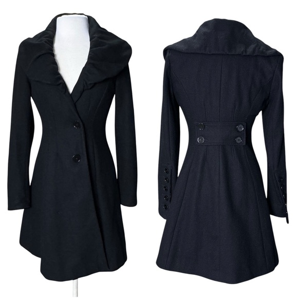Express Wool Polyester Rayon Pea Coat. Leopard Interior. Long Coat XS - Picture 1 of 16